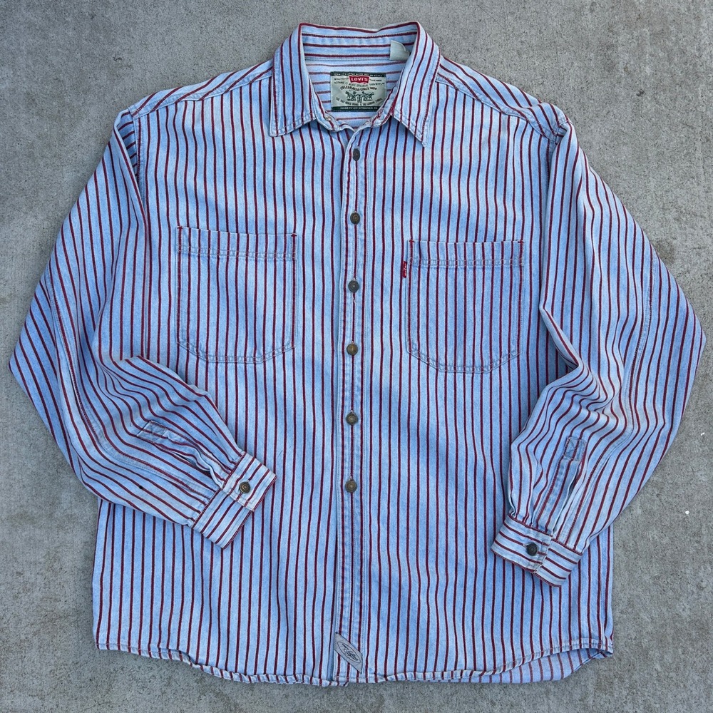 Levis Vintage 90s Striped Denim Shirt Large Blue Red Workwear Streetwear Skater
